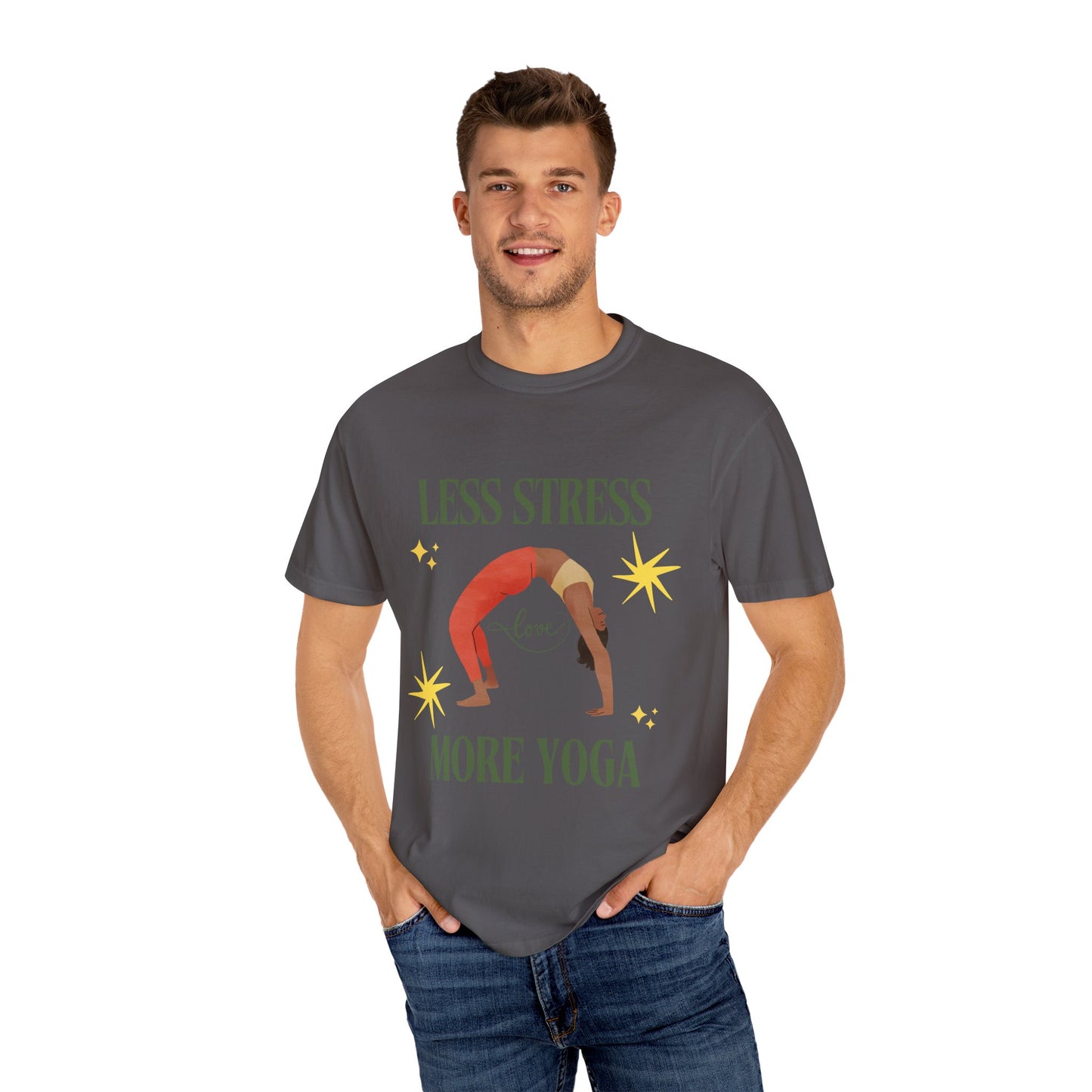 Yoga T-shirt: 'Less Stress More Yoga' Unisex Inspirational Tee
