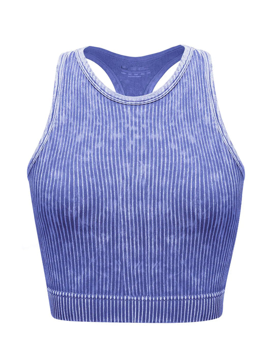 Womens Seamless Ribbed Workout Crop Tank TopSlim Fit Short Scoop Neck Racerback Tank TopsSports Bra Yoga Tops Blue