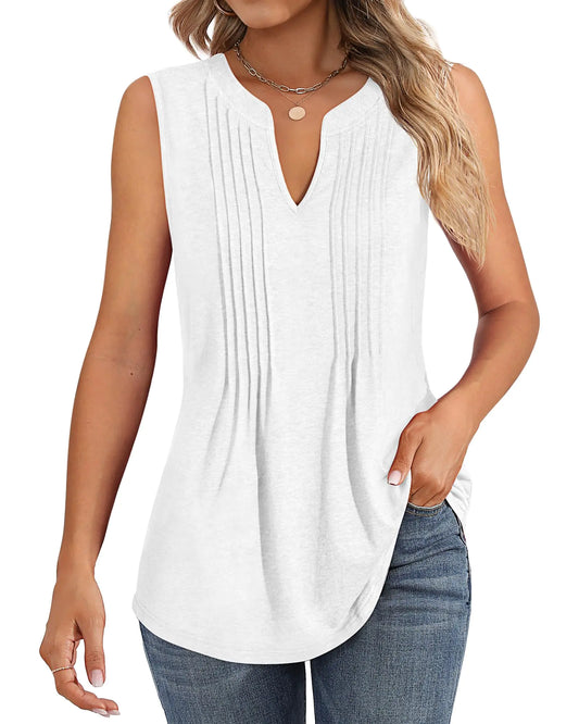 Locoowai Womens Tank Tops Sleeveless Pleated Tunic V Neck T-Shirts Summer Dressy Casual Loose Trendy Spring Blouses(X-LargeWhite)