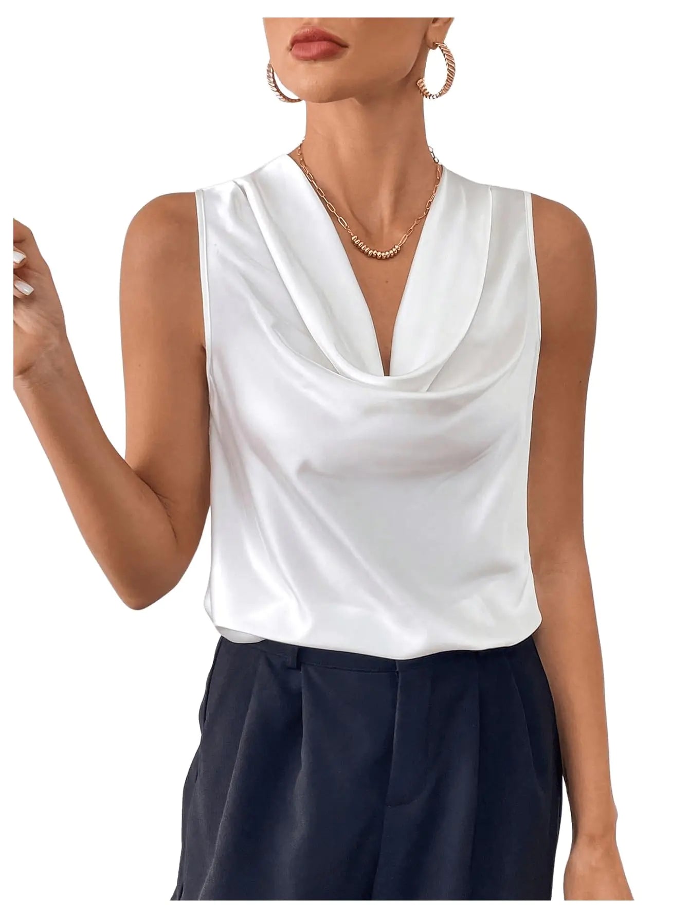 MakeMeChic Womens Satin Silk Tank Tops Cowl Neck Sleeveless Camisole Tops Dressy Shirts White Large